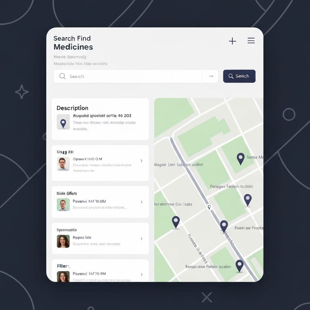Interface do Medifinder mostrando busca de medicamentos e mapa